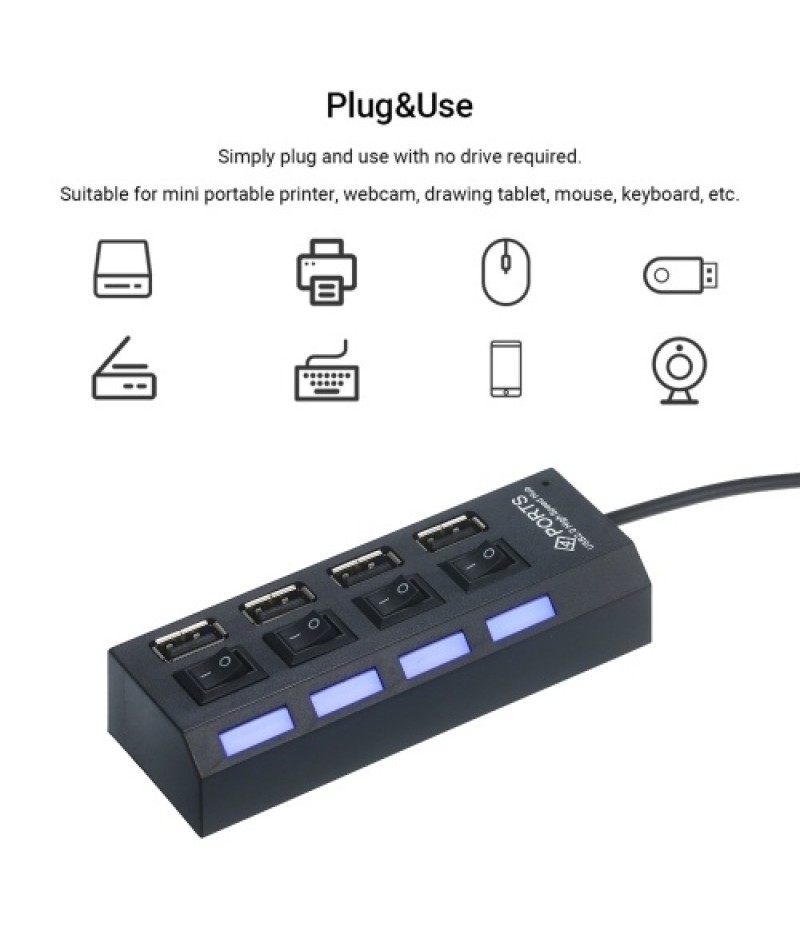 4-Ports USB Hub 480Mbps High Speed Data Transfer USB 2.0 Charging Splitter