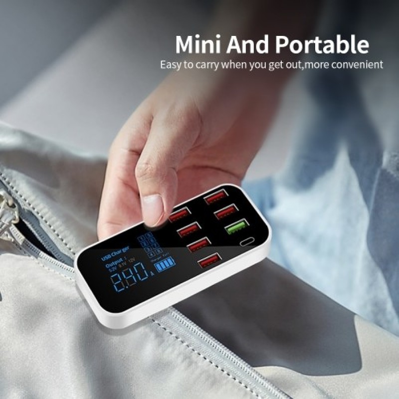 A9S+ 8 Port Car Charger with LED Display Type-C QC3.0 Quick Charging Intelligent Portable Safe Vehicle Charger Station