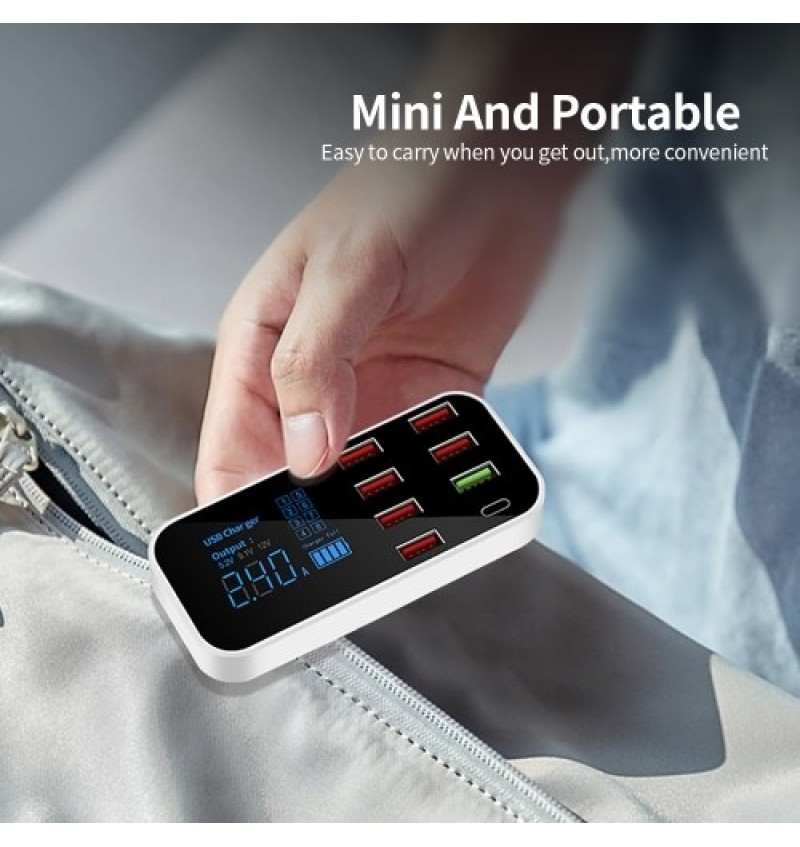 A9S+ 8 Port Car Charger with LED Display Type-C QC3.0 Quick Charging Intelligent Portable Safe Vehicle Charger Station