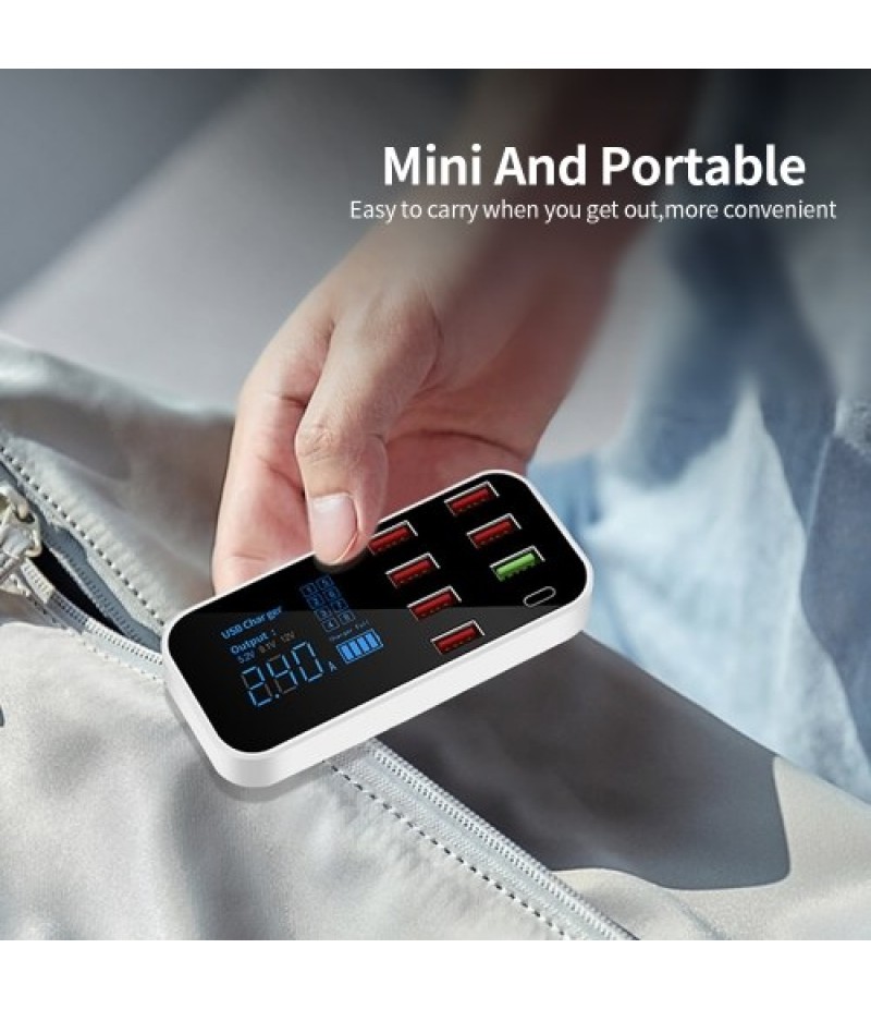 A9S+ 8 Port Car Charger with LED Display Type-C QC3.0 Quick Charging Intelligent Portable Safe Vehicle Charger Station