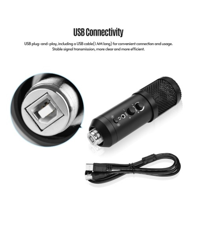 USB Computer Microphone with Mute/ Noise Reduction/ BT Connection Cardioid Condenser Mic Kit with Mini Desktop Metal Tripod Wind
