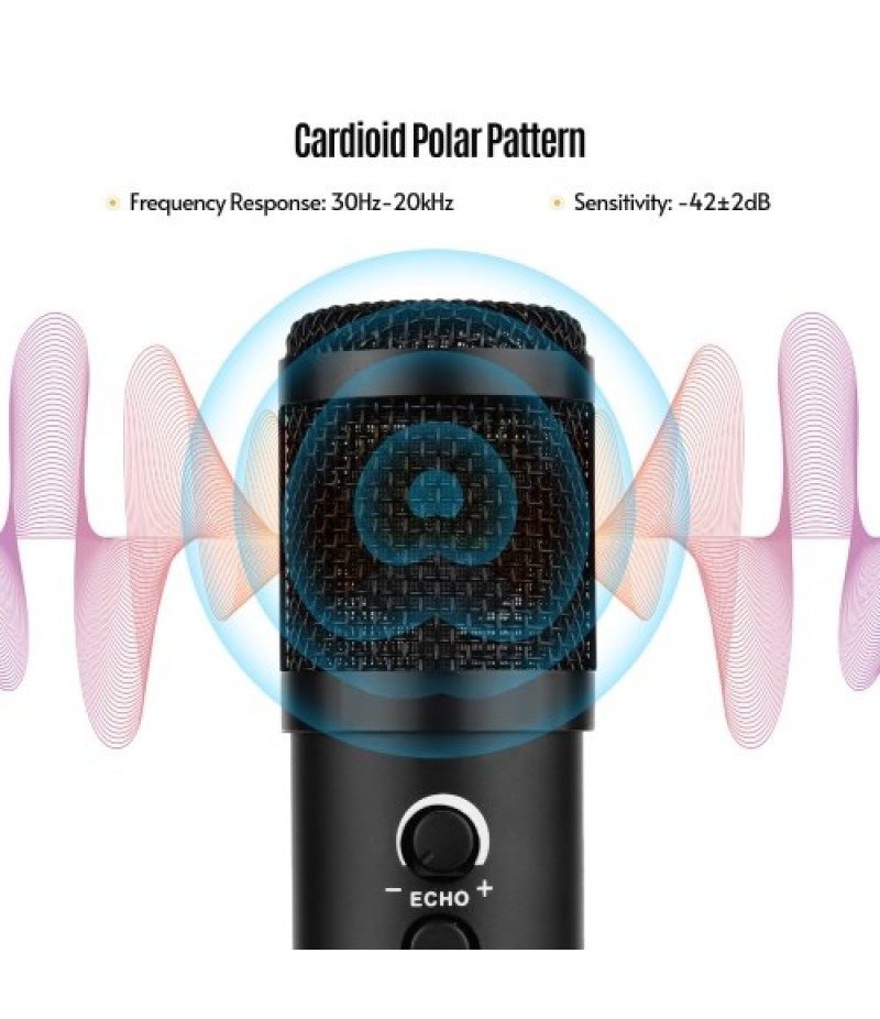 USB Computer Microphone with Mute/ Noise Reduction/ BT Connection Cardioid Condenser Mic Kit with Mini Desktop Metal Tripod Wind