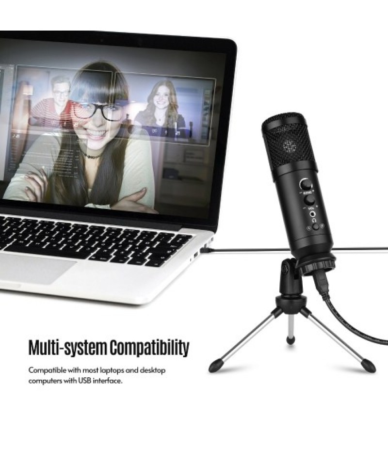USB Computer Microphone with Mute/ Noise Reduction/ BT Connection Cardioid Condenser Mic Kit with Mini Desktop Metal Tripod Wind