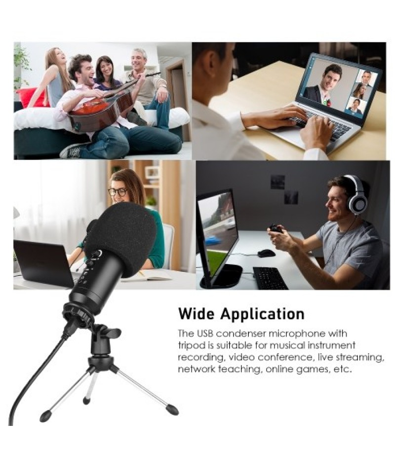 USB Computer Microphone with Mute/ Noise Reduction/ BT Connection Cardioid Condenser Mic Kit with Mini Desktop Metal Tripod Wind