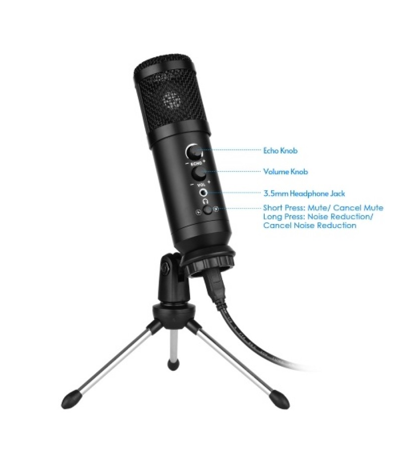 USB Computer Microphone with Mute/ Noise Reduction/ BT Connection Cardioid Condenser Mic Kit with Mini Desktop Metal Tripod Wind