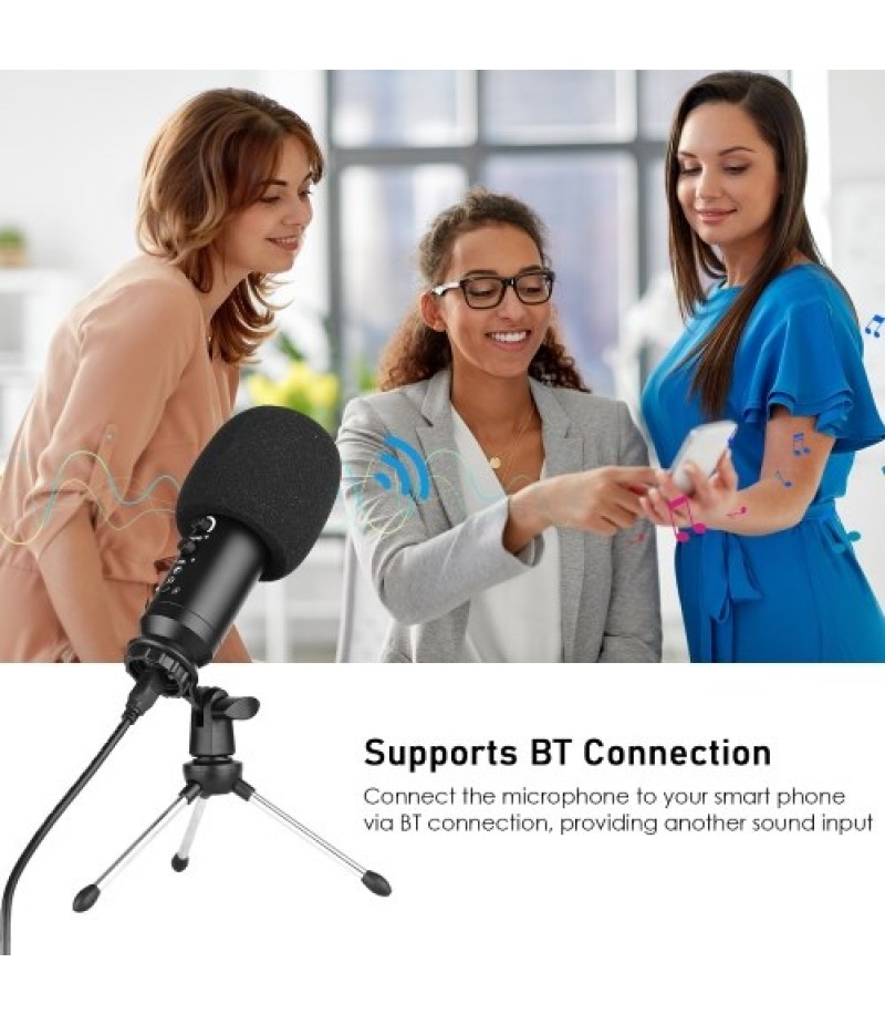 USB Computer Microphone with Mute/ Noise Reduction/ BT Connection Cardioid Condenser Mic Kit with Mini Desktop Metal Tripod Wind