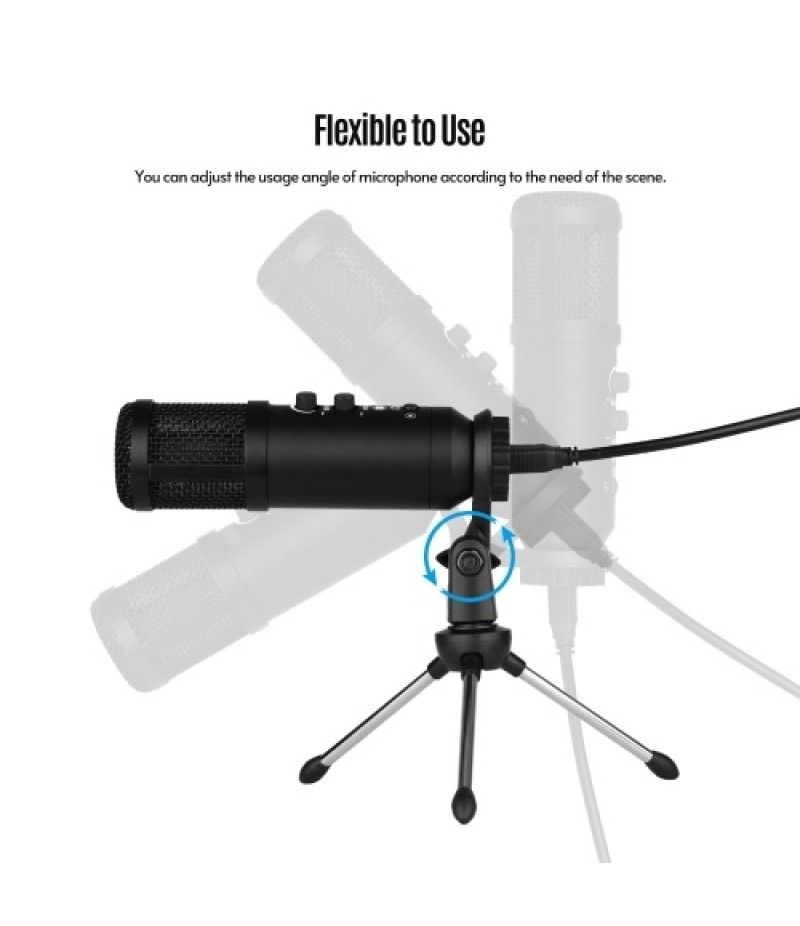 USB Computer Microphone with Mute/ Noise Reduction/ BT Connection Cardioid Condenser Mic Kit with Mini Desktop Metal Tripod Wind