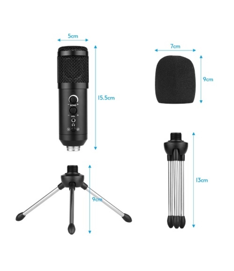 USB Computer Microphone with Mute/ Noise Reduction/ BT Connection Cardioid Condenser Mic Kit with Mini Desktop Metal Tripod Wind