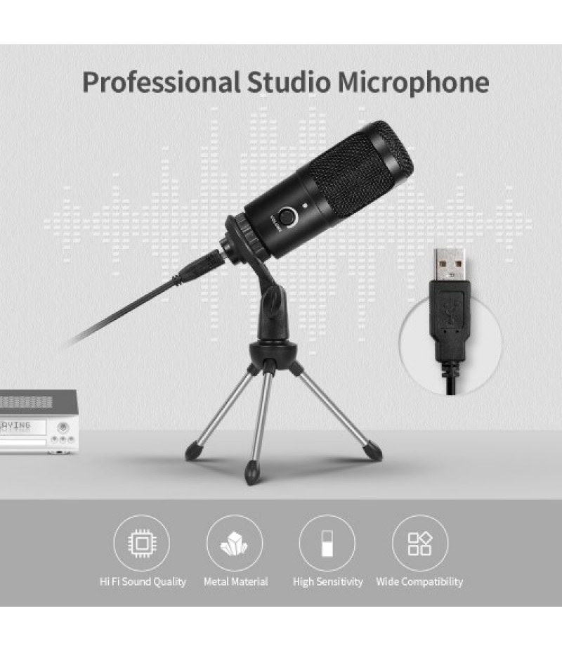 Professional Studio Microphone USB Metal Condenser Recording Microphone with Cardioid Studio Recording Mic for PC Laptop Black