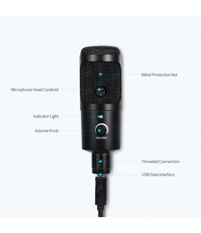 Professional Studio Microphone USB Metal Condenser Recording Microphone with Cardioid Studio Recording Mic for PC Laptop Black