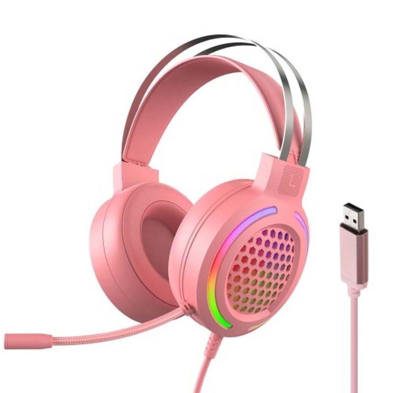 Wired Headset Gaming Headset Colorful RGB Light Headphone with 360° Noise Reduction Microphone for PC Laptop Pink
