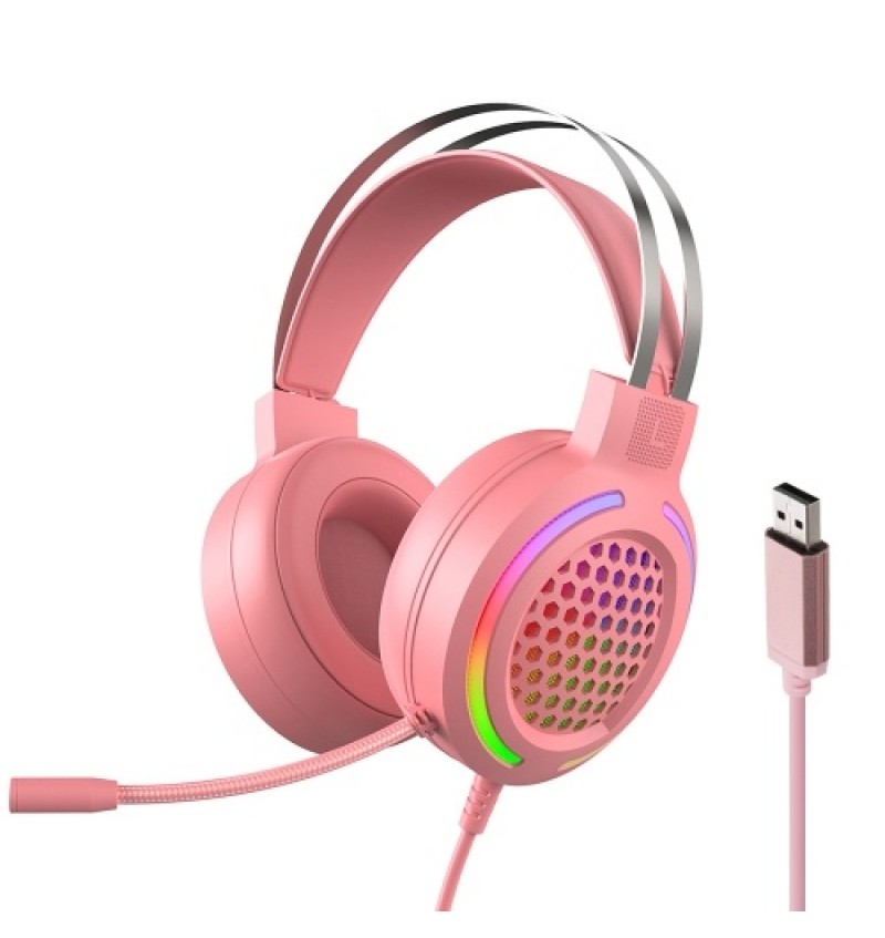 Wired Headset Gaming Headset Colorful RGB Light Headphone with 360° Noise Reduction Microphone for PC Laptop Pink