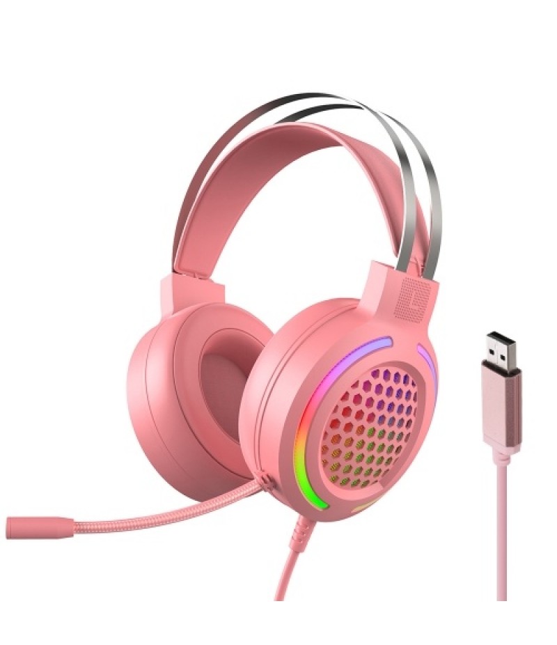Wired Headset Gaming Headset Colorful RGB Light Headphone with 360° Noise Reduction Microphone for PC Laptop Pink