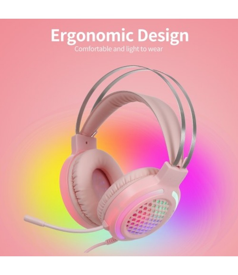 Wired Headset Gaming Headset Colorful RGB Light Headphone with 360° Noise Reduction Microphone for PC Laptop Pink