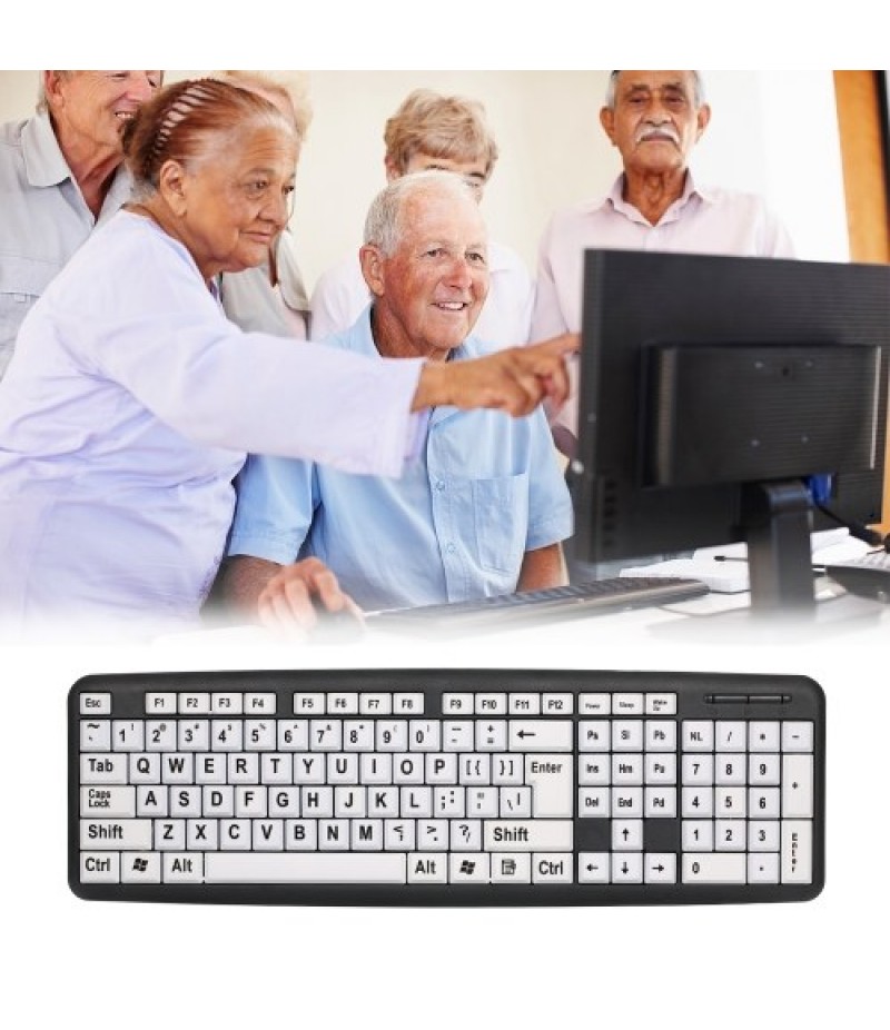 USB Wired Keyboard with Large White Keys Black Letters