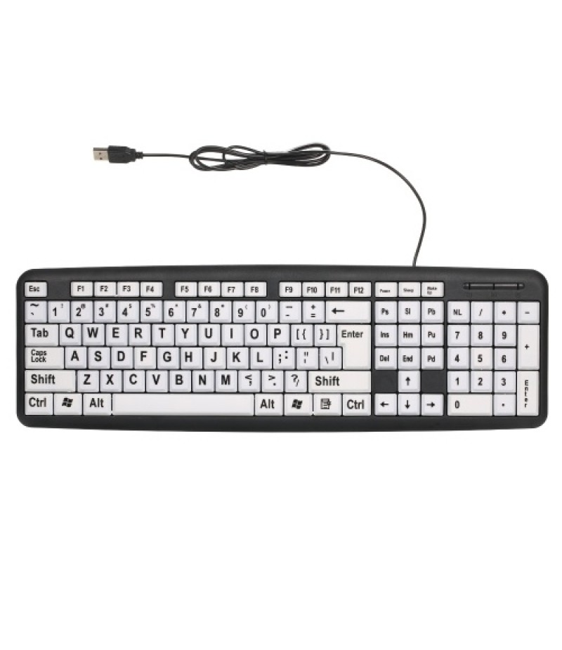 USB Wired Keyboard with Large White Keys Black Letters