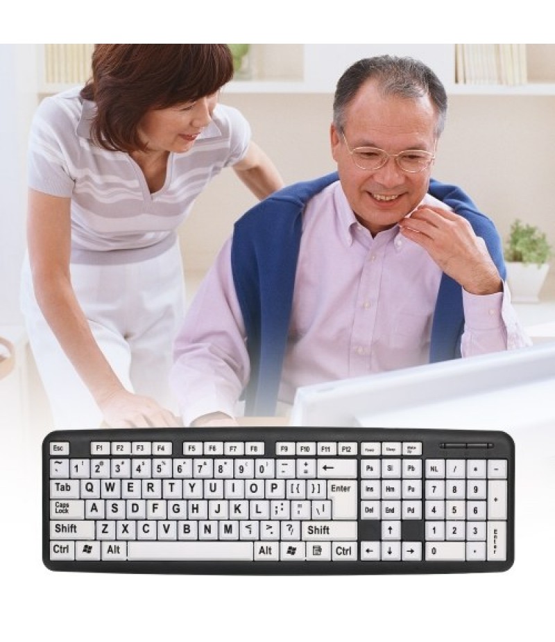 USB Wired Keyboard with Large White Keys Black Letters