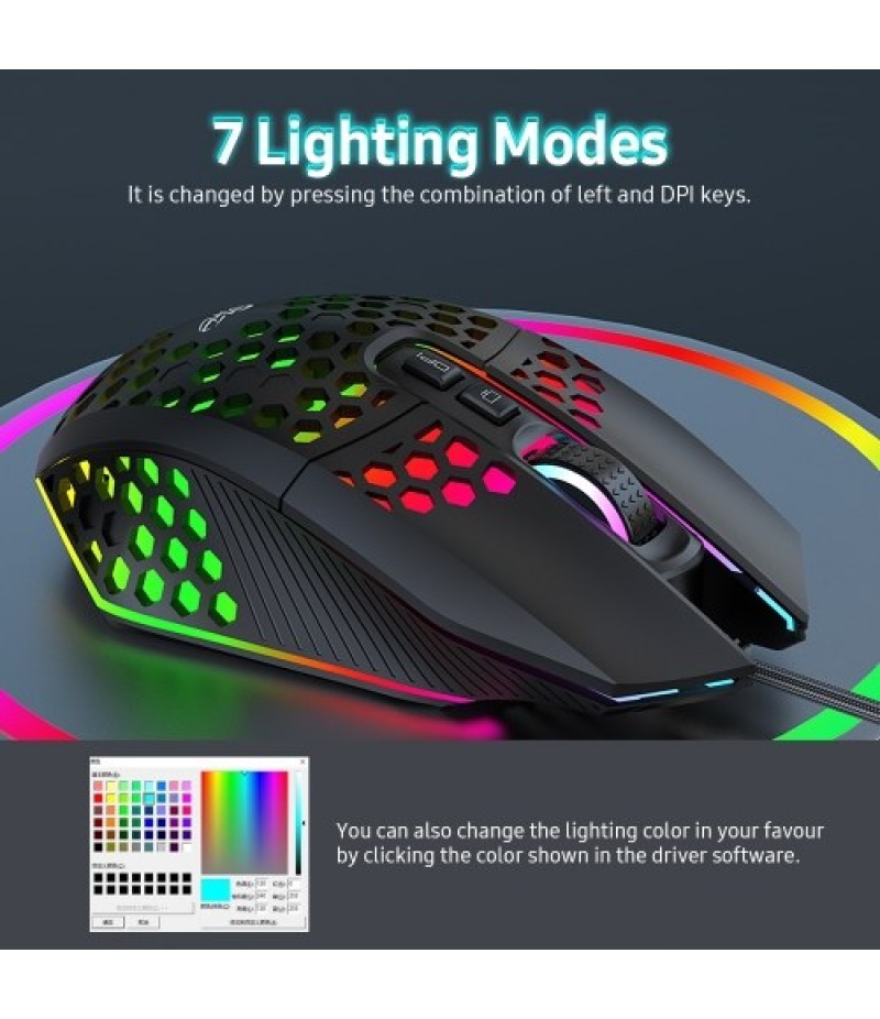 X801 Wired RGB Gaming Mouse with 7 Programmable Buttons Back-to-desktop Button 6 Adjustable DPI Levels 7 Lighting Modes White