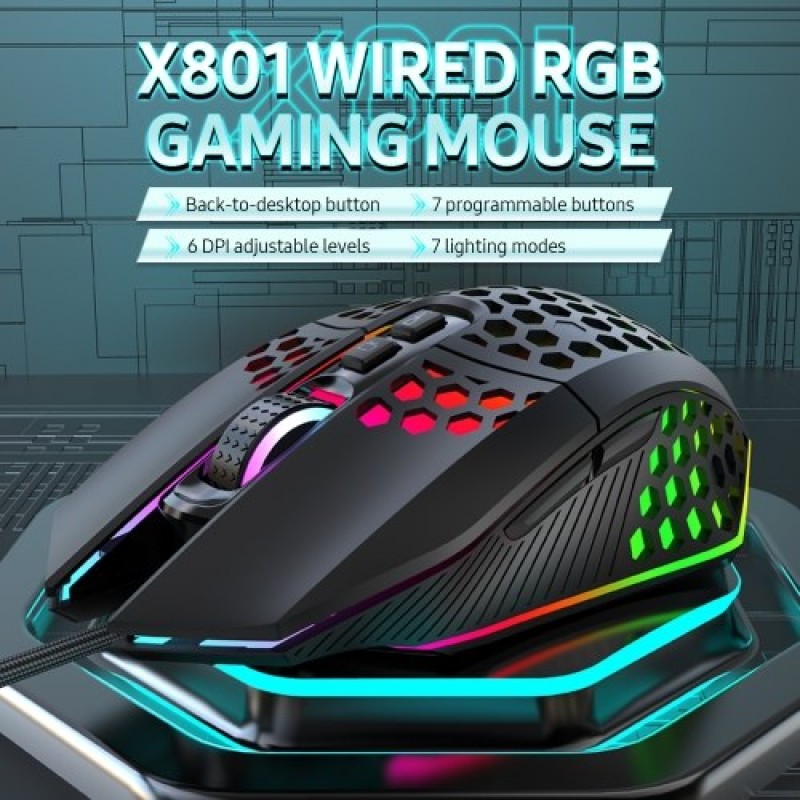 X801 Wired RGB Gaming Mouse with 7 Programmable Buttons Back-to-desktop Button 6 Adjustable DPI Levels 7 Lighting Modes White