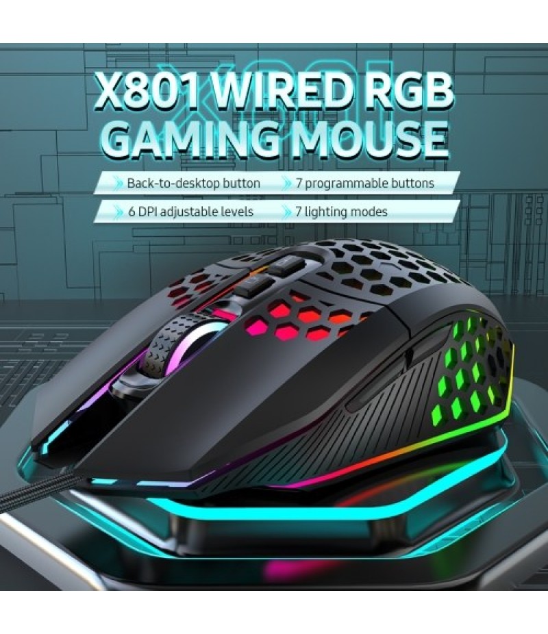 X801 Wired RGB Gaming Mouse with 7 Programmable Buttons Back-to-desktop Button 6 Adjustable DPI Levels 7 Lighting Modes White