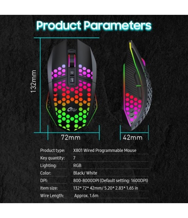X801 Wired RGB Gaming Mouse with 7 Programmable Buttons Back-to-desktop Button 6 Adjustable DPI Levels 7 Lighting Modes White