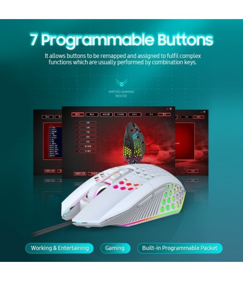 X801 Wired RGB Gaming Mouse with 7 Programmable Buttons Back-to-desktop Button 6 Adjustable DPI Levels 7 Lighting Modes White