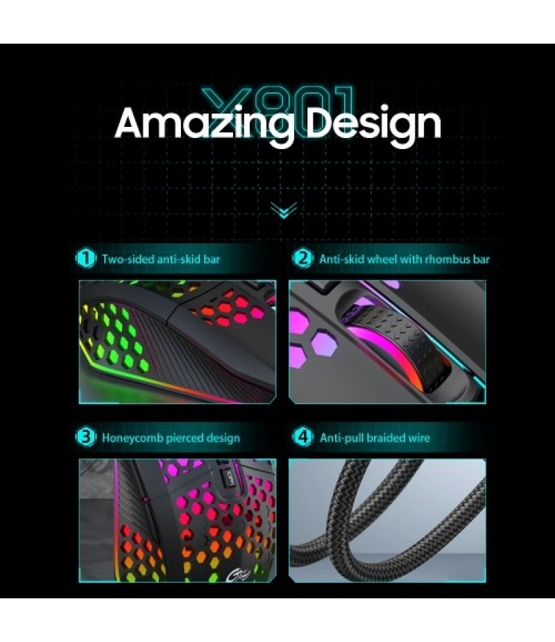 X801 Wired RGB Gaming Mouse with 7 Programmable Buttons Back-to-desktop Button 6 Adjustable DPI Levels 7 Lighting Modes White