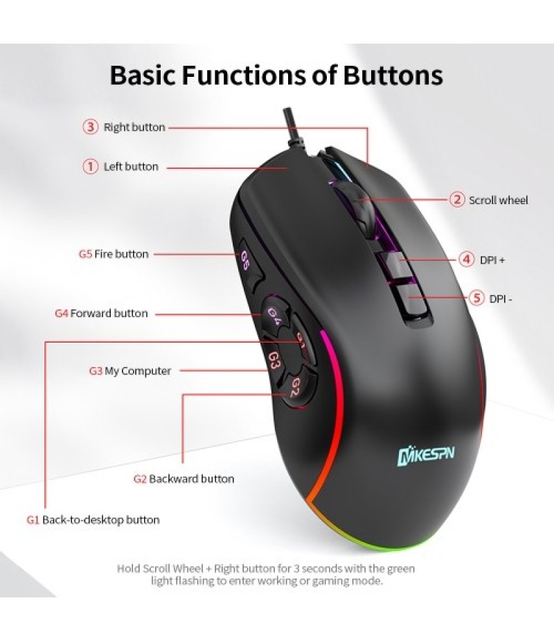 Wired Gaming Mouse 7200DPI RGB Backlit Mouse 6 Adjustable DPI Levels/10 Programmable Buttons/Back-to-desktop Button Black
