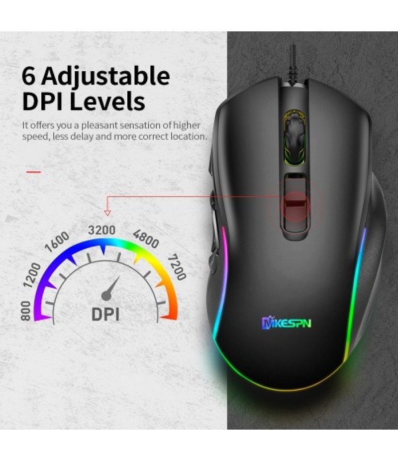 Wired Gaming Mouse 7200DPI RGB Backlit Mouse 6 Adjustable DPI Levels/10 Programmable Buttons/Back-to-desktop Button Black