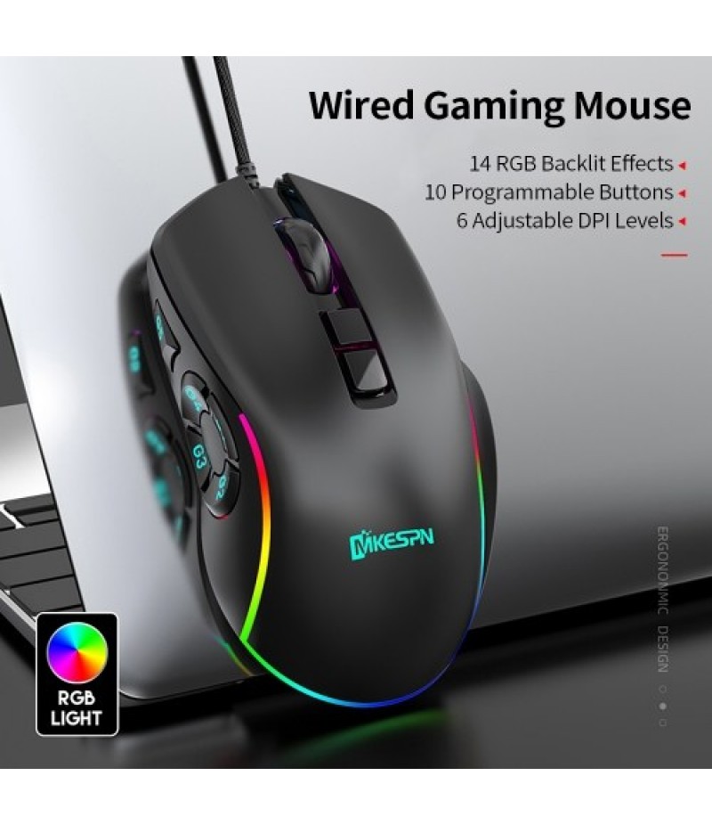 Wired Gaming Mouse 7200DPI RGB Backlit Mouse 6 Adjustable DPI Levels/10 Programmable Buttons/Back-to-desktop Button Black