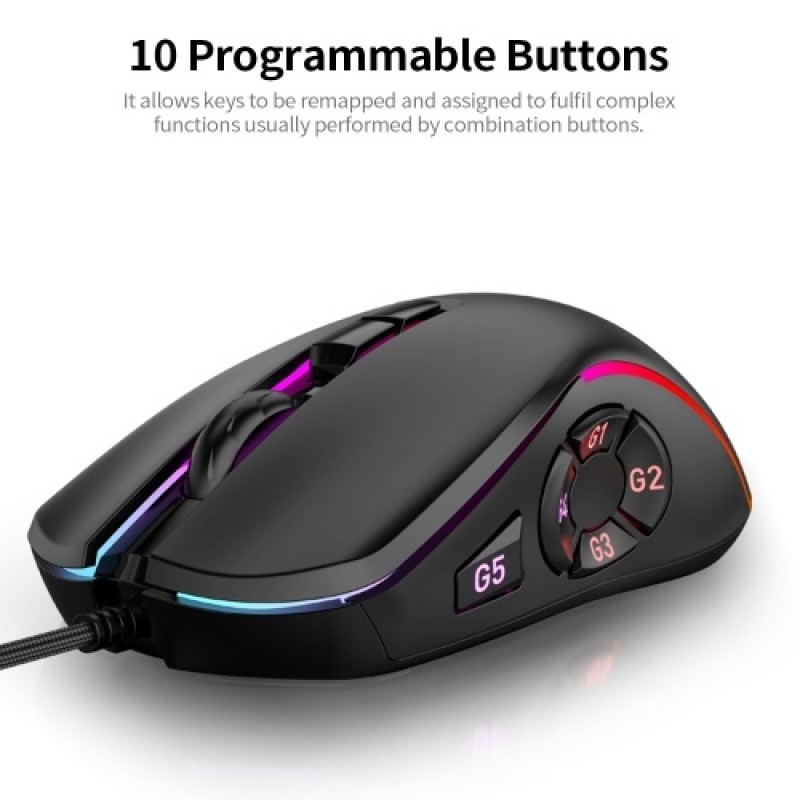 Wired Gaming Mouse 7200DPI RGB Backlit Mouse 6 Adjustable DPI Levels/10 Programmable Buttons/Back-to-desktop Button Black