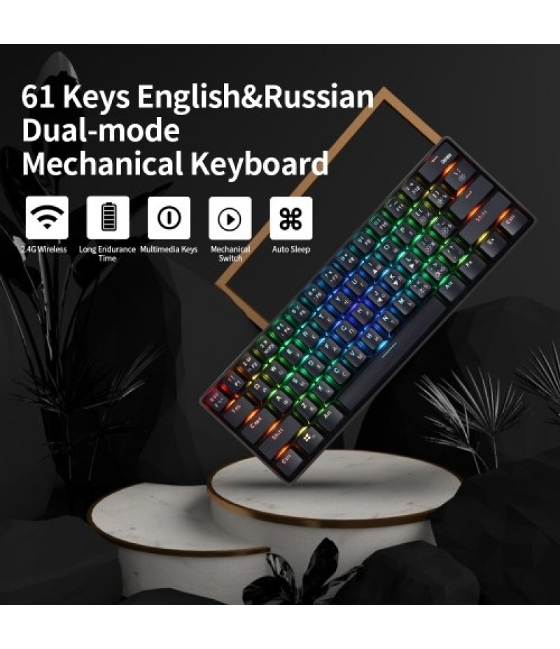 61 Keys Mechanical Keyboard USB Wired 2.4G Wireless Dual-mode English&amp;Russian Keyboard with RGB Light Effect Red Switches