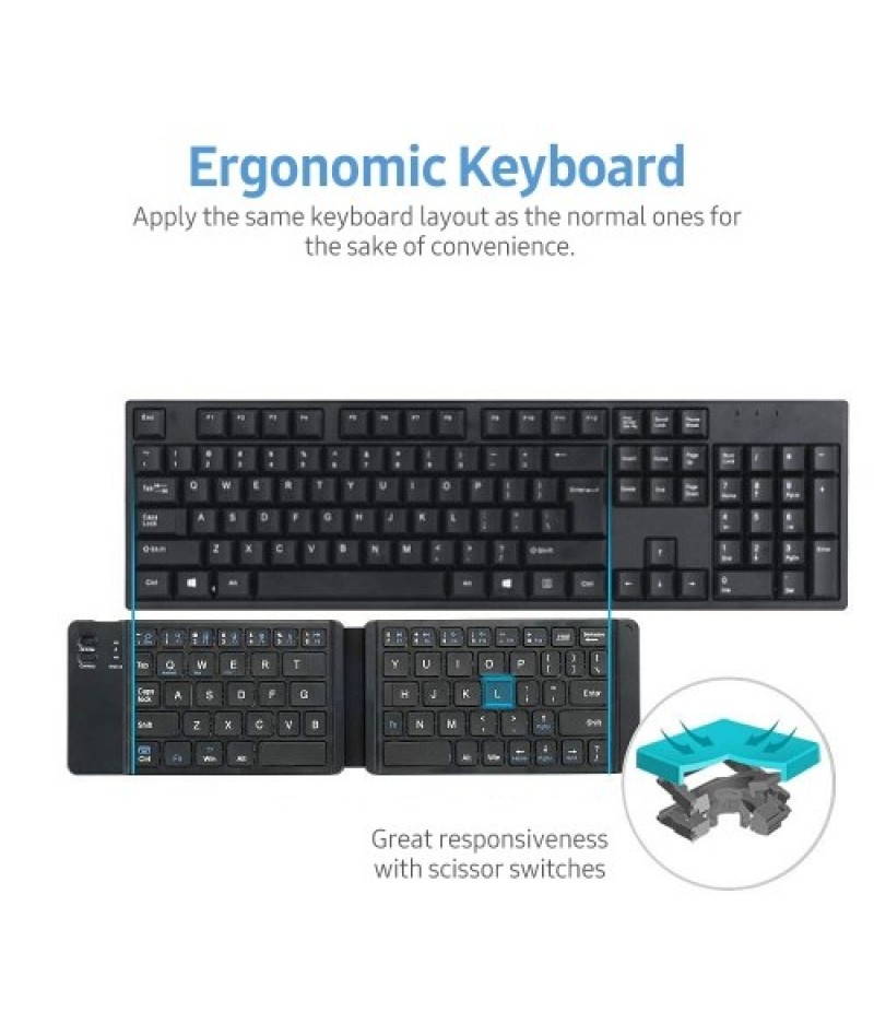 Folding Pocket-size BT Keyboard Scissor Switch Keyboard Compatible with iOS/Android/Windows Laptops Tablets Cellphones Black