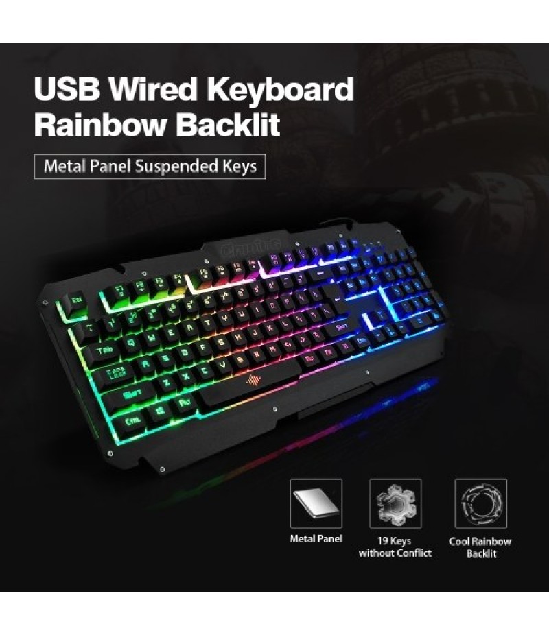 USB Wired Keyboard Rainbow Backlit with Metal Panel Suspended Keys for PC Computer(Black)