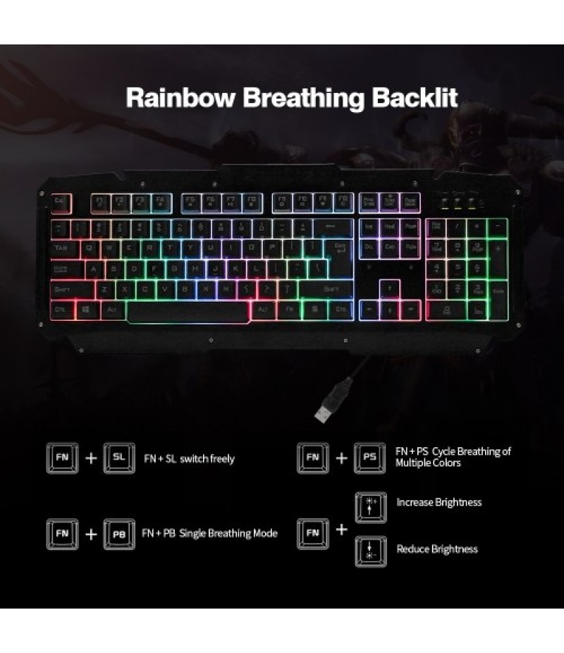 USB Wired Keyboard Rainbow Backlit with Metal Panel Suspended Keys for PC Computer(Black)