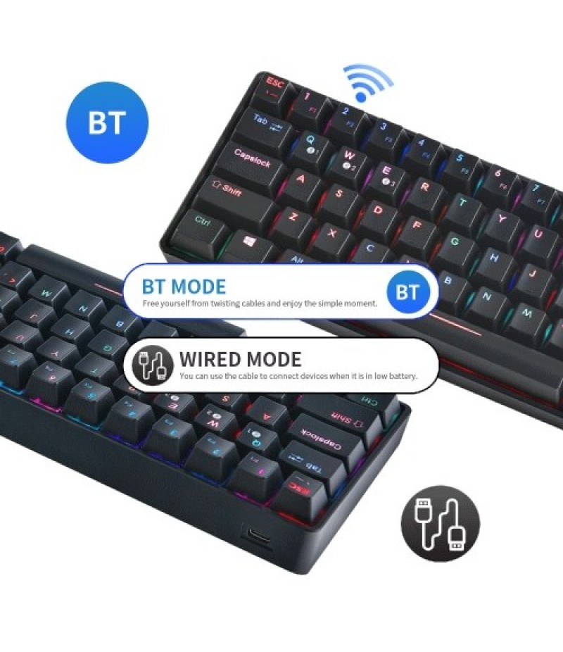 Compact Mechanical Multi-device Keyboard with 64 keys BT &amp; Wired Mode 18 RGB Backlit Effects N-key Rollover Black Brown Swit