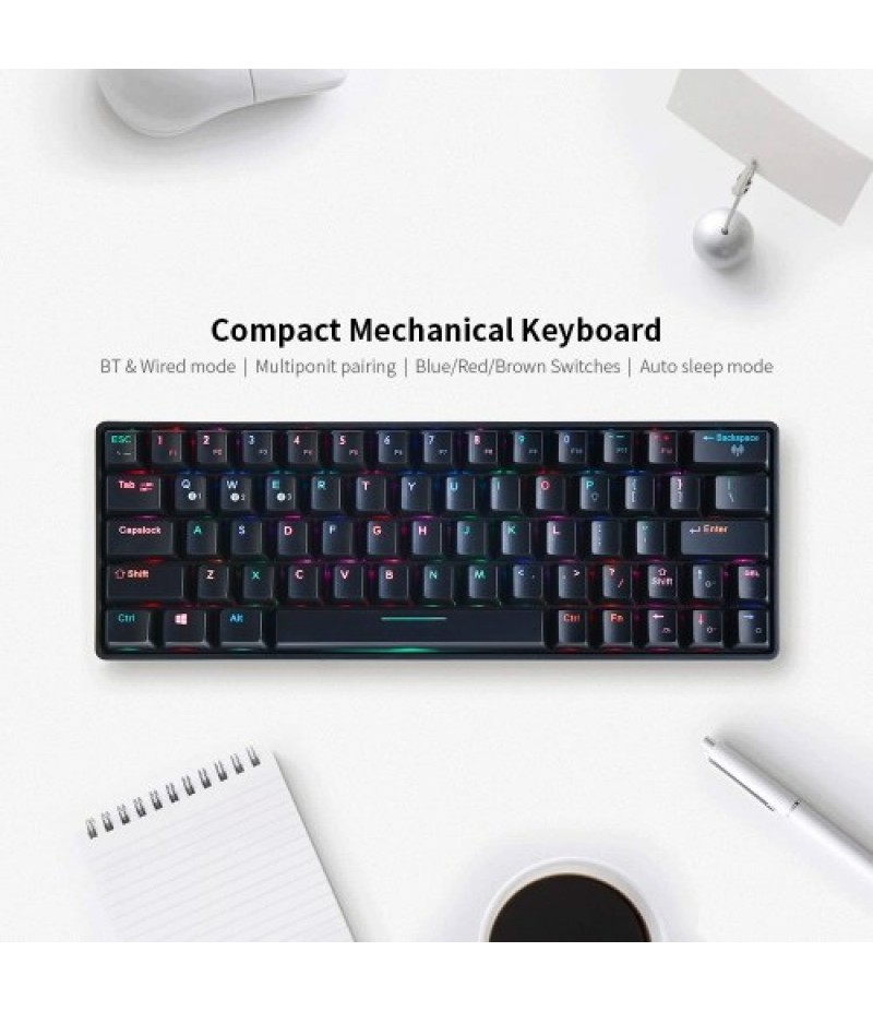 Compact Mechanical Multi-device Keyboard with 64 keys BT &amp; Wired Mode 18 RGB Backlit Effects N-key Rollover Black Brown Swit