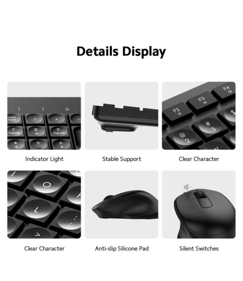 FUDE Wireless EK783 Keyboard &amp; Mouse Combo 2.4GHz Concave Button Set Smart Power-Saving Silent Clicks Slim Combo for Laptop,