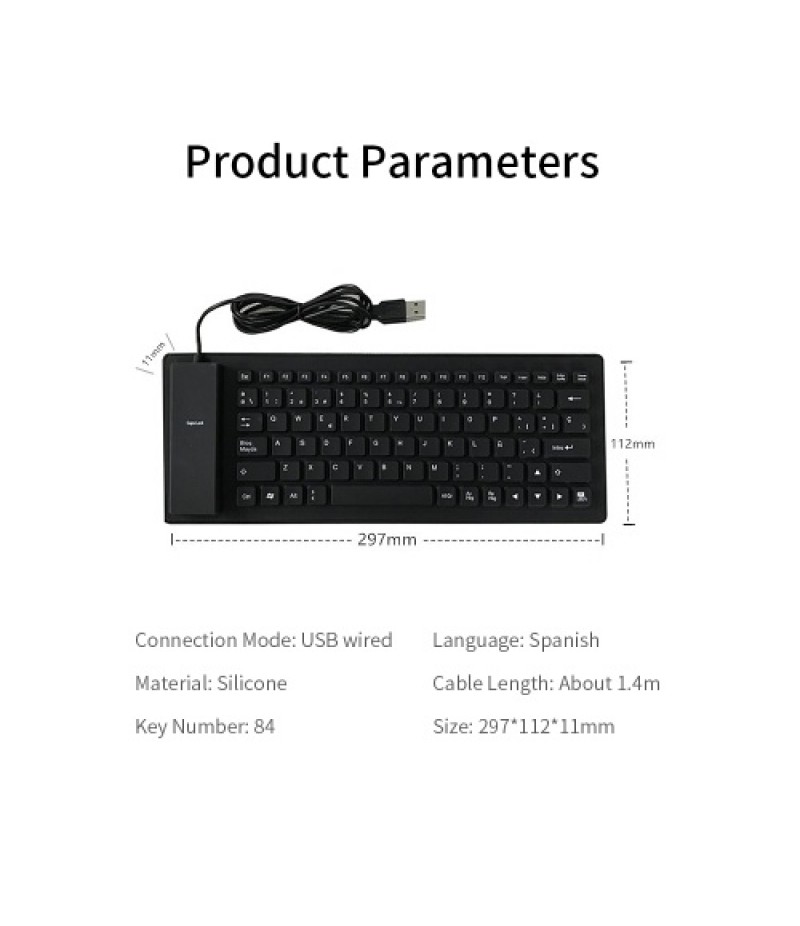 84 Keys Spanish USB Wired Silicone Keyboard Foldable Soft Silicone Waterproof Dustproof Keyboard for Desktop Computer Laptop