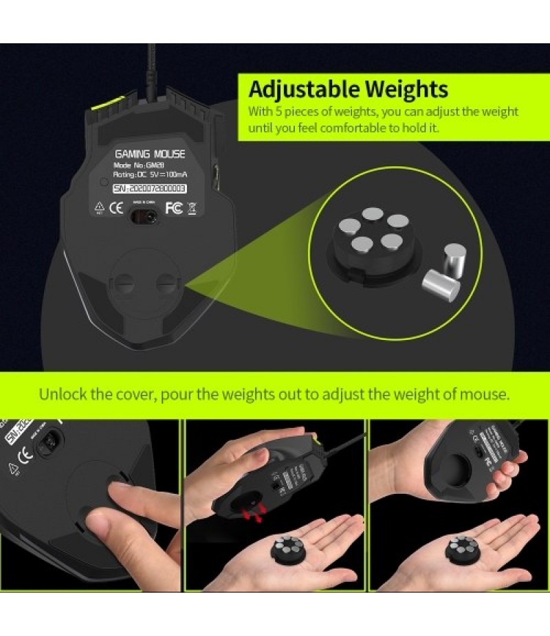 Wired RGB Backlit Mouse 10000DPI Gaming Mouse with Adjustable Weights 7 Adjustable DPI 12 Programmable Buttons, Black
