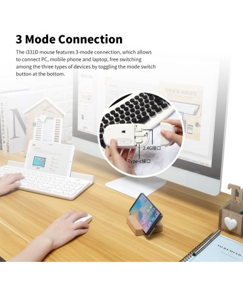 FD i331D 3 Mode 2000DPI Rechargeable Adjustable Mouse Wireless Mice with 2.4G USB Type C Bluetooth 4.0 Black