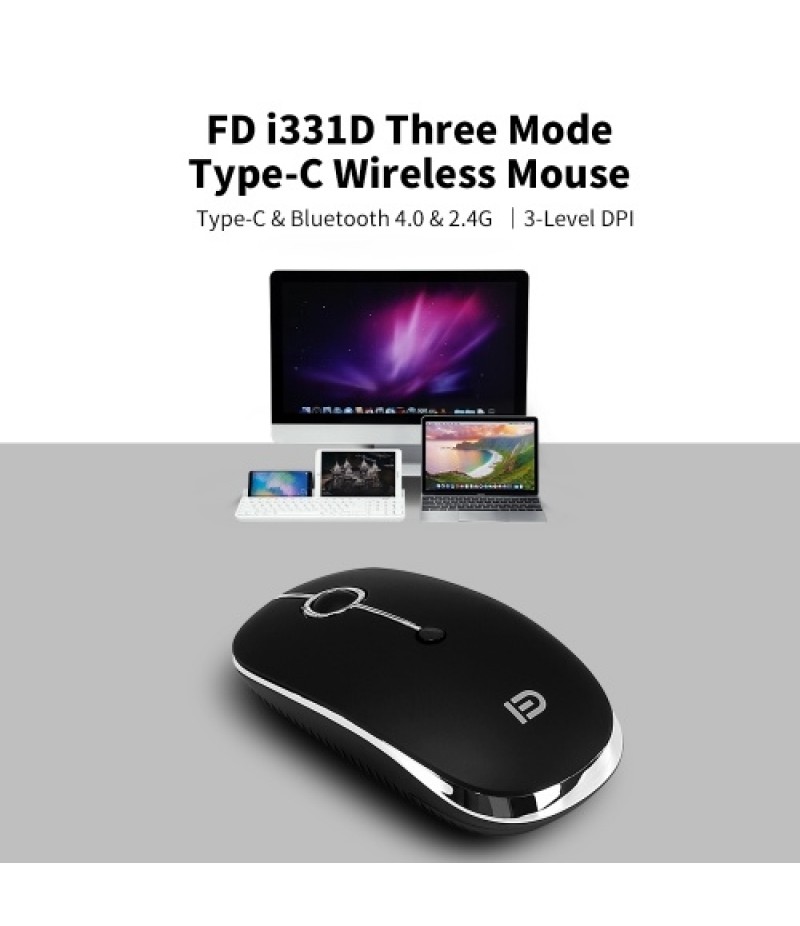 FD i331D 3 Mode 2000DPI Rechargeable Adjustable Mouse Wireless Mice with 2.4G USB Type C Bluetooth 4.0 Black