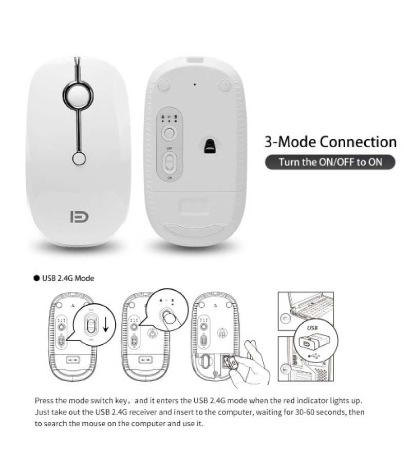 FD i331D 3 Mode 2000DPI Rechargeable Adjustable Mouse Wireless Mice with 2.4G USB Type C Bluetooth 4.0 Black