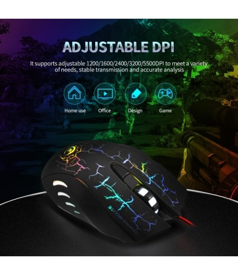 USB Wired Optical Gaming Mouse Colorful Light Gaming Mouse 6-button Mouse with Five Adjustable DPI for Desktop Laptop Black
