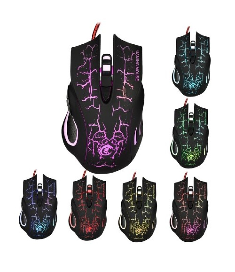 USB Wired Optical Gaming Mouse Colorful Light Gaming Mouse 6-button Mouse with Five Adjustable DPI for Desktop Laptop Black
