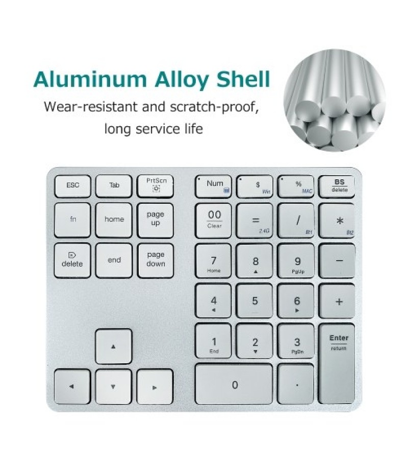 2.4G+BT5.0 Dual-mode Numeric Keyboard 35 Keys Financial Accounting Keyboard Aluminum Alloy Shell Built-in 300mAh Battery Black