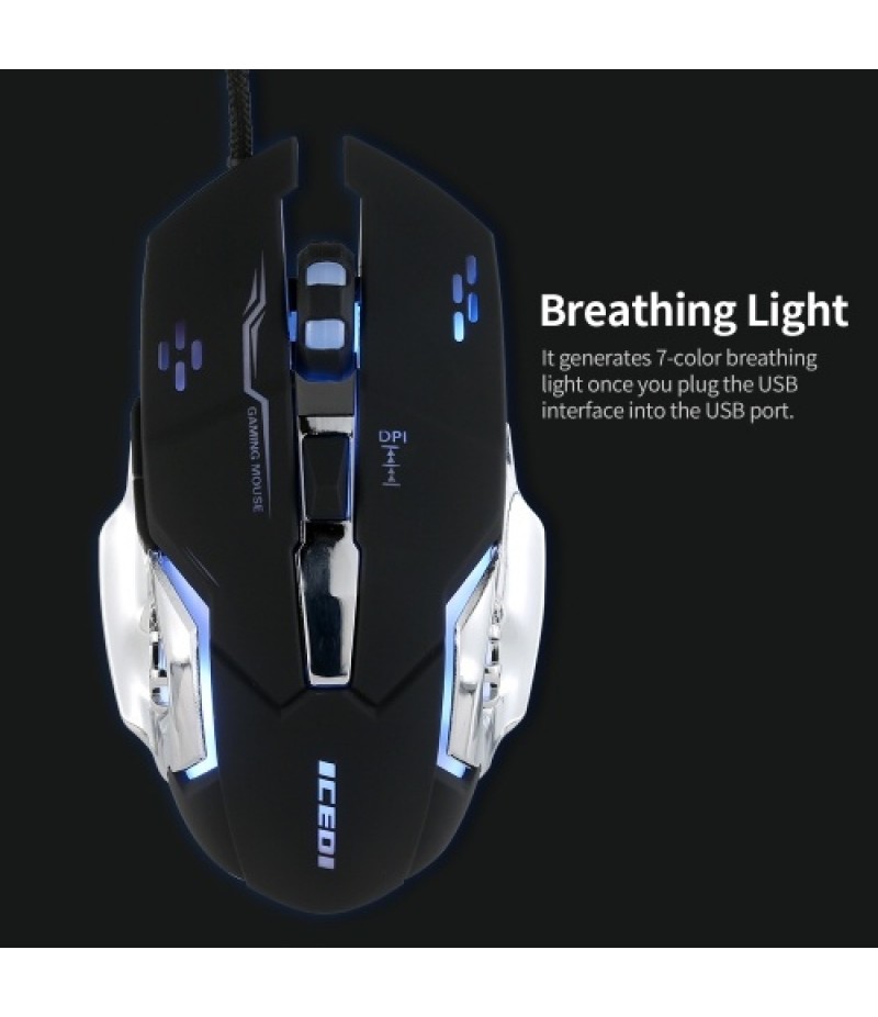 Wired Gaming Mouse 3600 DPI Optical Mouse Ergonomic Mouse 4 Adjustable DPI Levels/6 Buttons/7-Color Breathing Light Black
