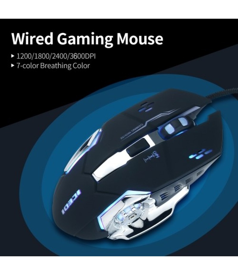 Wired Gaming Mouse 3600 DPI Optical Mouse Ergonomic Mouse 4 Adjustable DPI Levels/6 Buttons/7-Color Breathing Light Black
