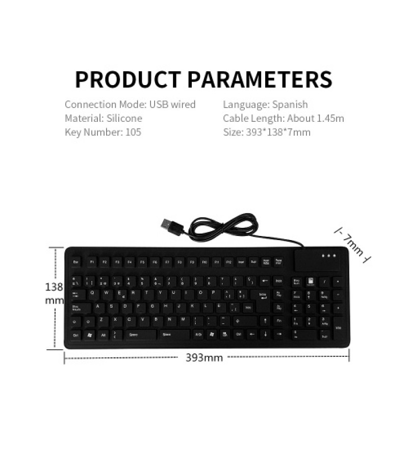 105 Keys Spanish USB Wired Silicone Keyboard Foldable Soft Silicone Waterproof Dustproof Keyboard for Desktop Computer Laptop